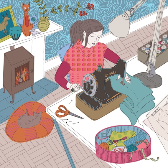 Girl at Sewing Machine -  limited edition print of an illustration