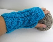 Wool Blend Hand knitted FINGERLESS GLOVES cable knit , wrist warmers, arm warmers in Turquoise Blue, one size fits all - Free Shipping Etsy