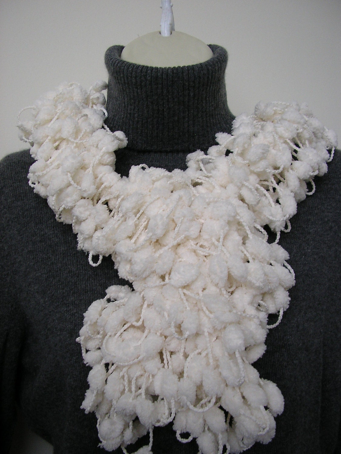 SALE  Pom - Pom loopy Hand crochet scarf Neck warmer in off- white
