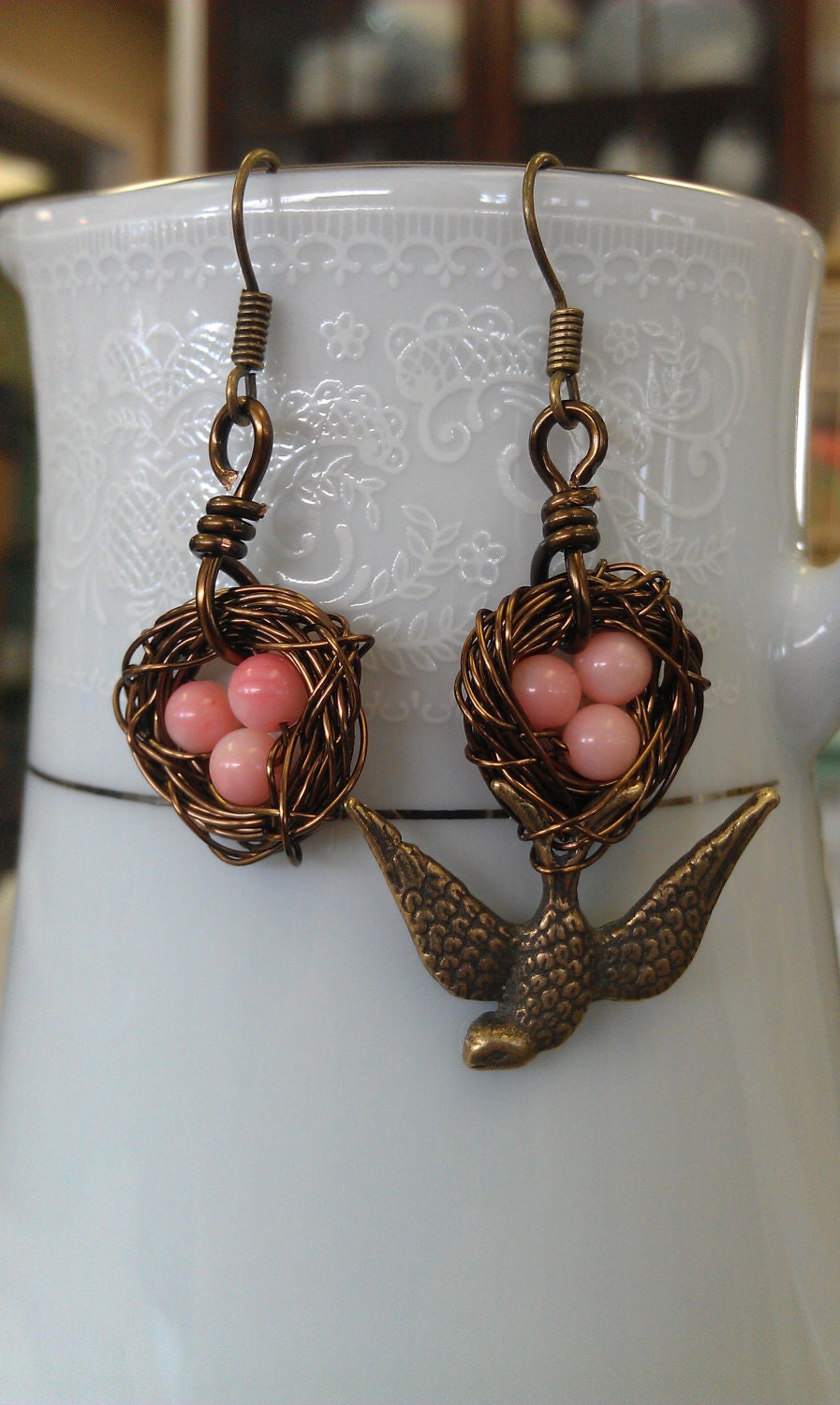 Bird Nest Earrings Pink Eggs Wire Wrapped with Bird Charms Vintage Bronze Asymmetrical