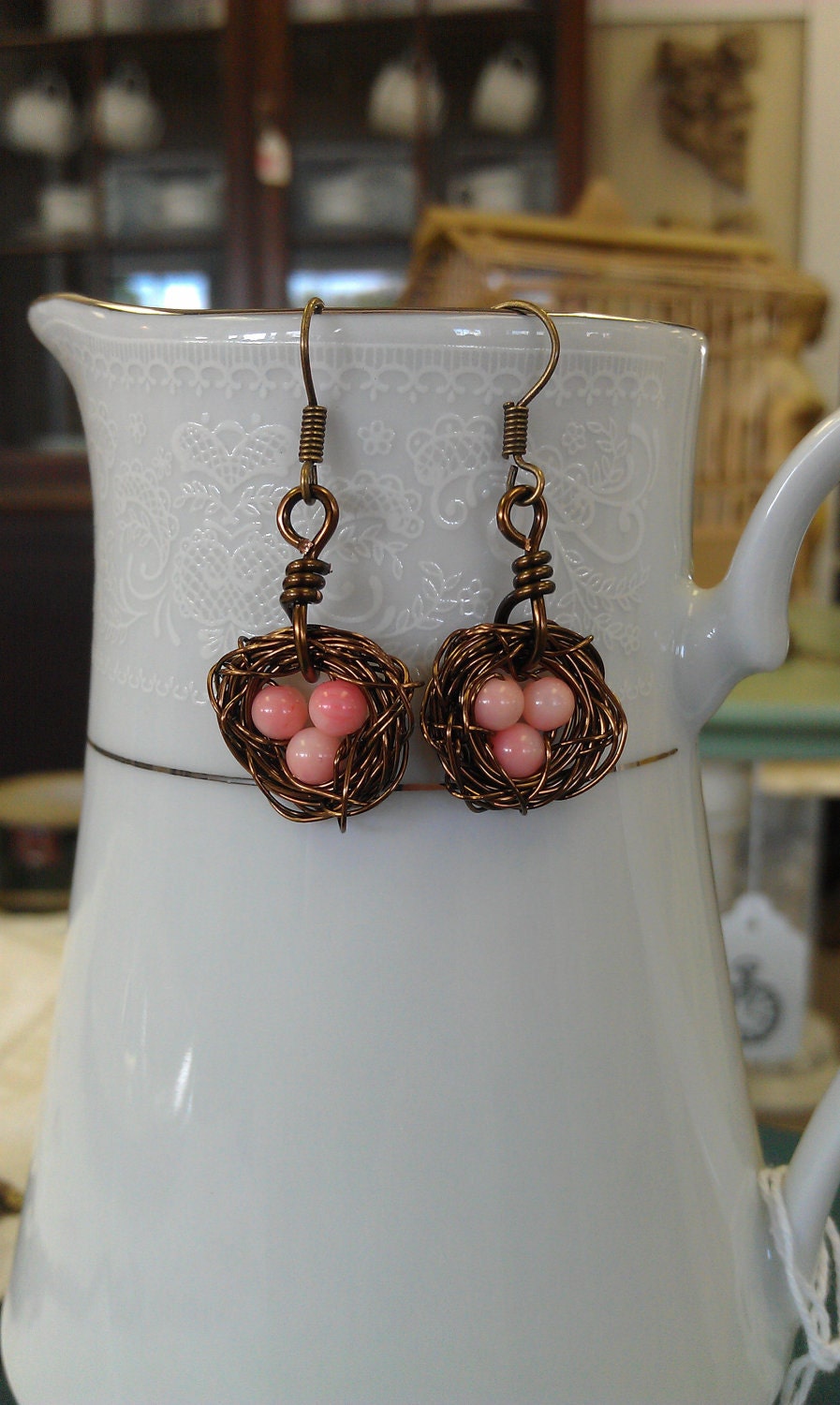 Bird Nest Earrings Pink Eggs Wire Wrapped Vintage Bronze