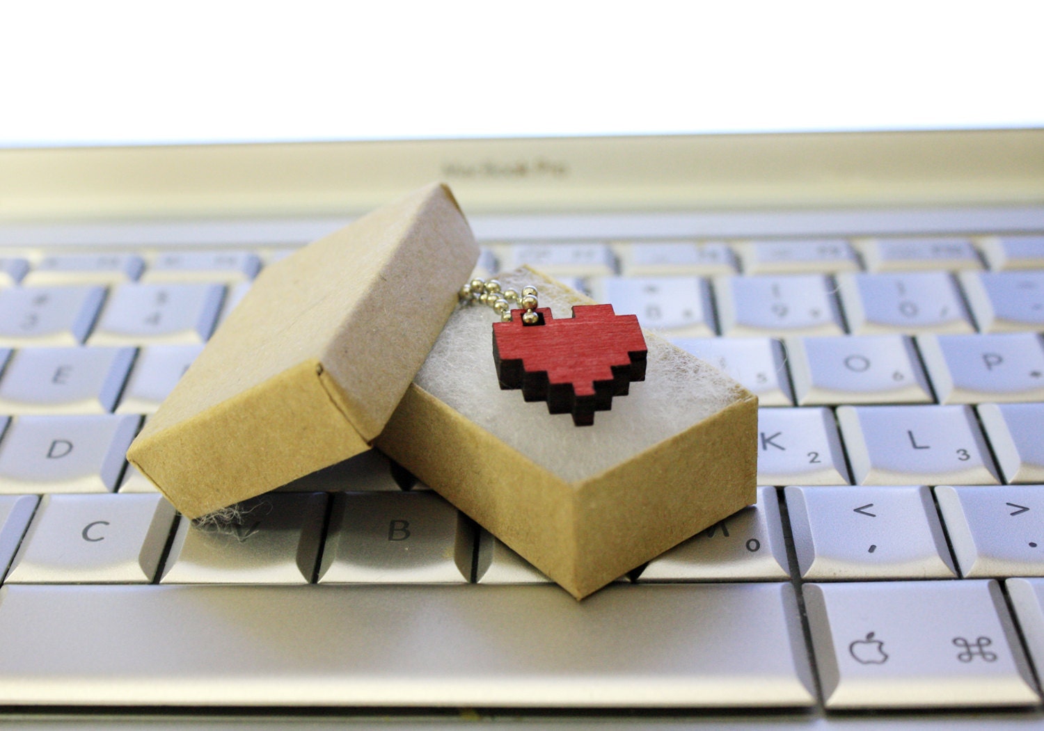 Red Pixel Heart Necklace, Geek Gamer Jewelry in Birch Wood, "I Love You in Pixels"