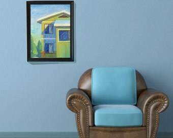 Fine Art, 16x20, "Winter Green House". ORIGINAL Oil painting on canvas, Contemporary work by Brandy Cattoor. Green, blue, and yellow art.