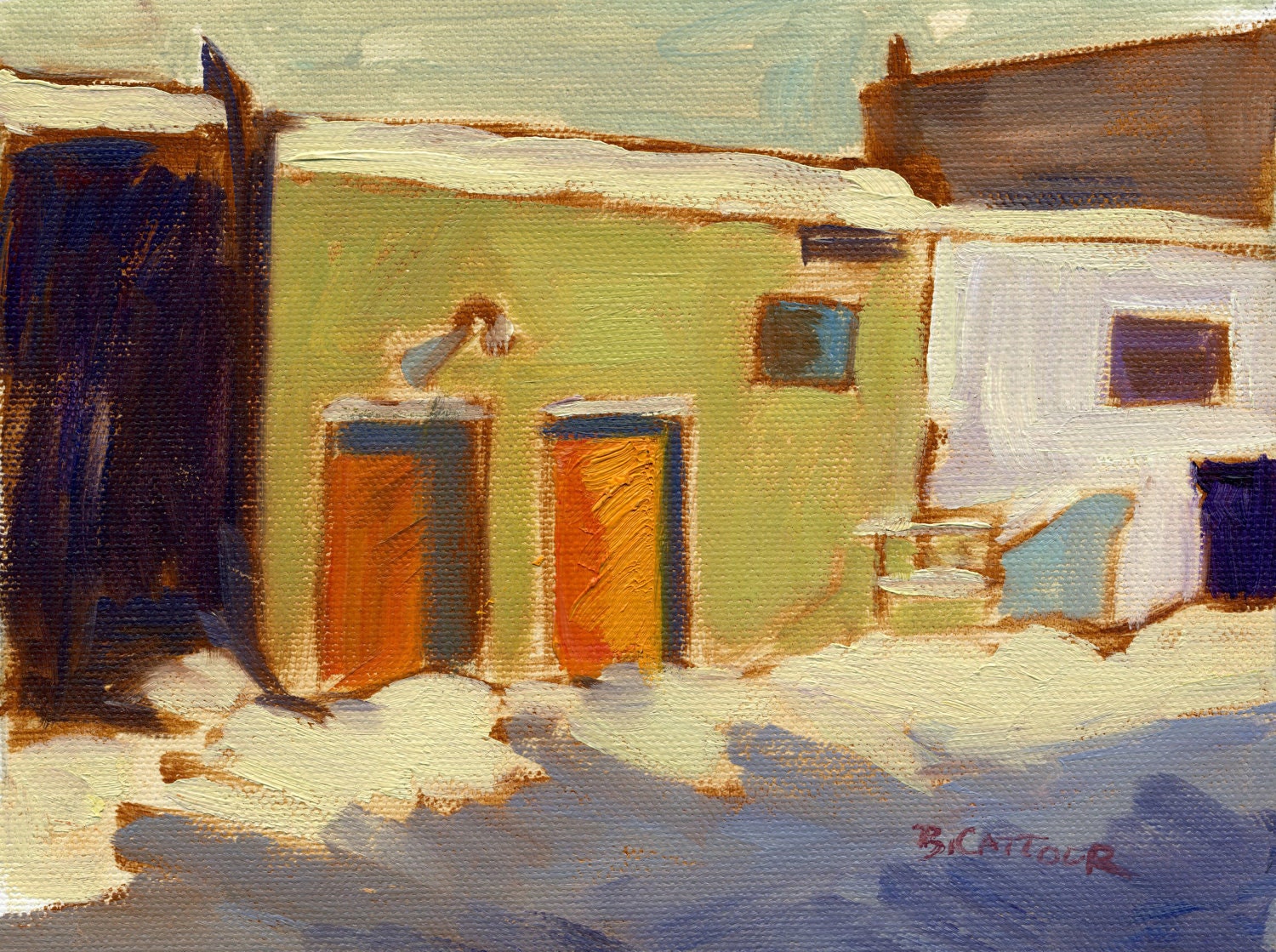 Fine Art, Mini oil painting original (5.5 x 7.5) custom study.  Matted artwork. Red Doors in Winter.