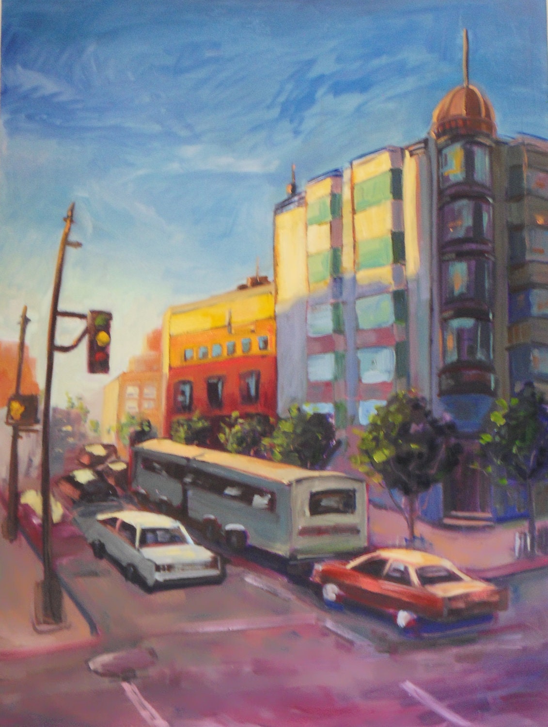 LARGE original oil painting 48x36 inches, gallery wrap, no frame needed. City life, bright expressive cars, street, light pole, trees.