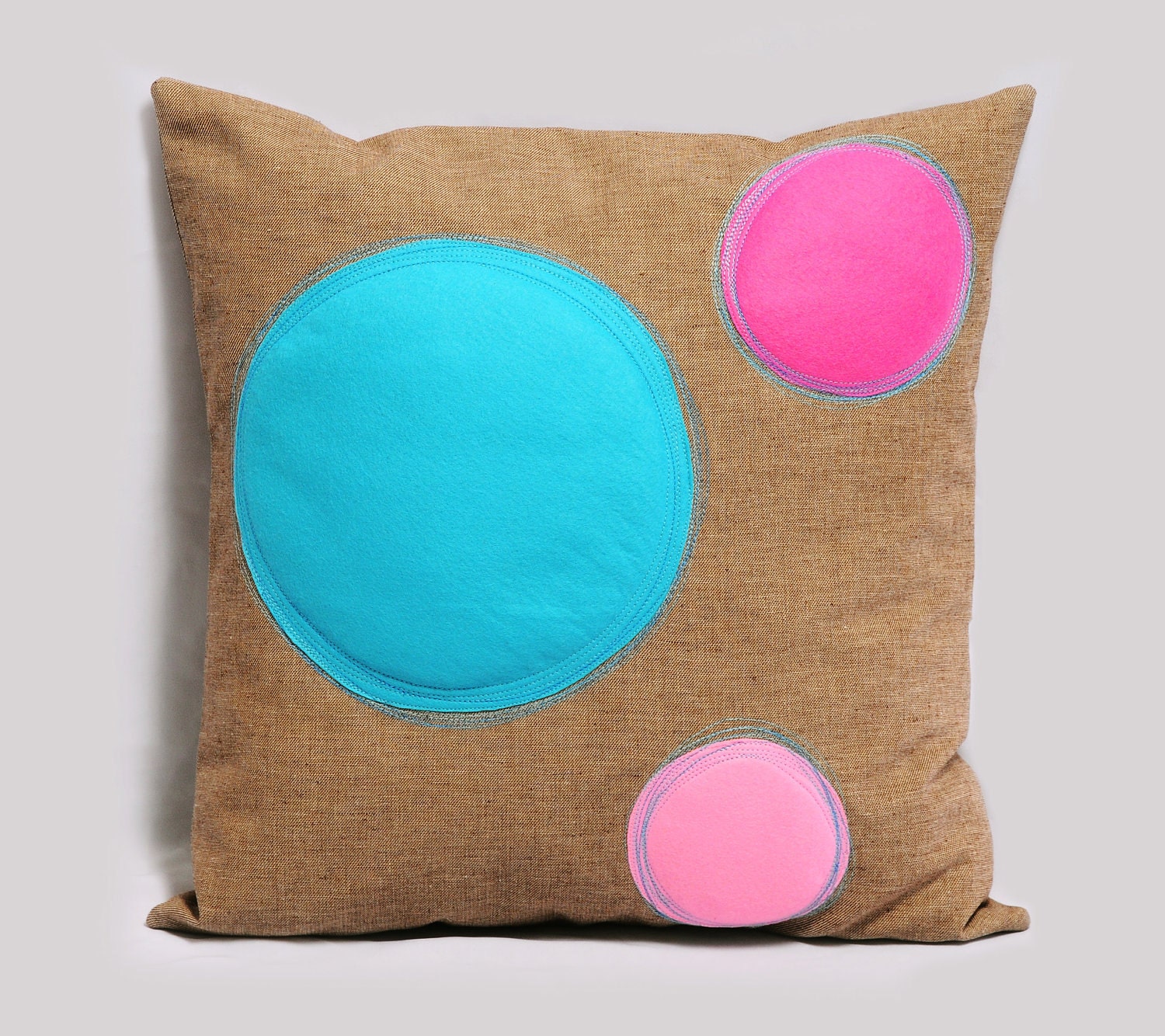 Multicolor Decorative Pillow Cover in electric blue, fuchsia and pastel pink and light brown BUBBLES 18x18, Made to Order