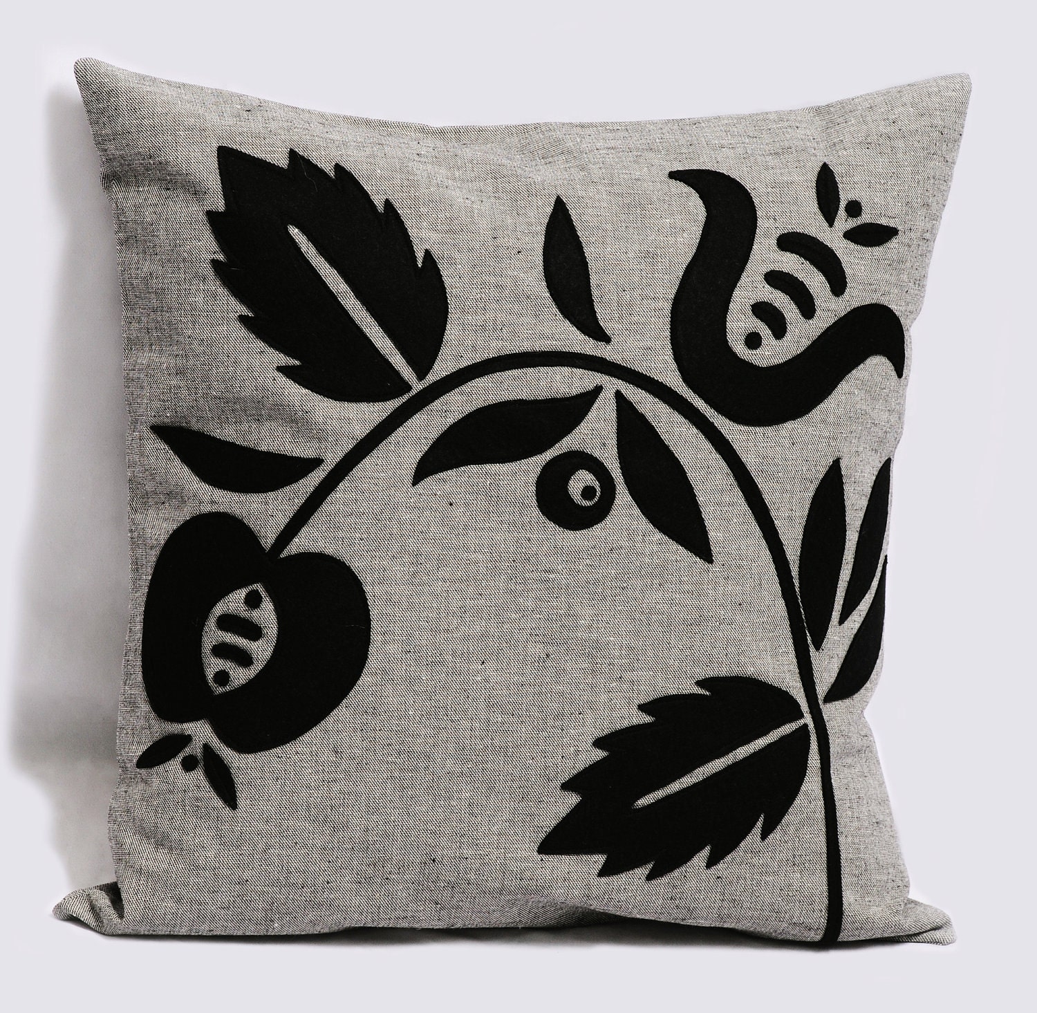 Grey Pillow Cover Floral. Black Gray Pillow, Gray throw pillow - 18x18 inches, Flowers Felt Pillow, Accent Pillow