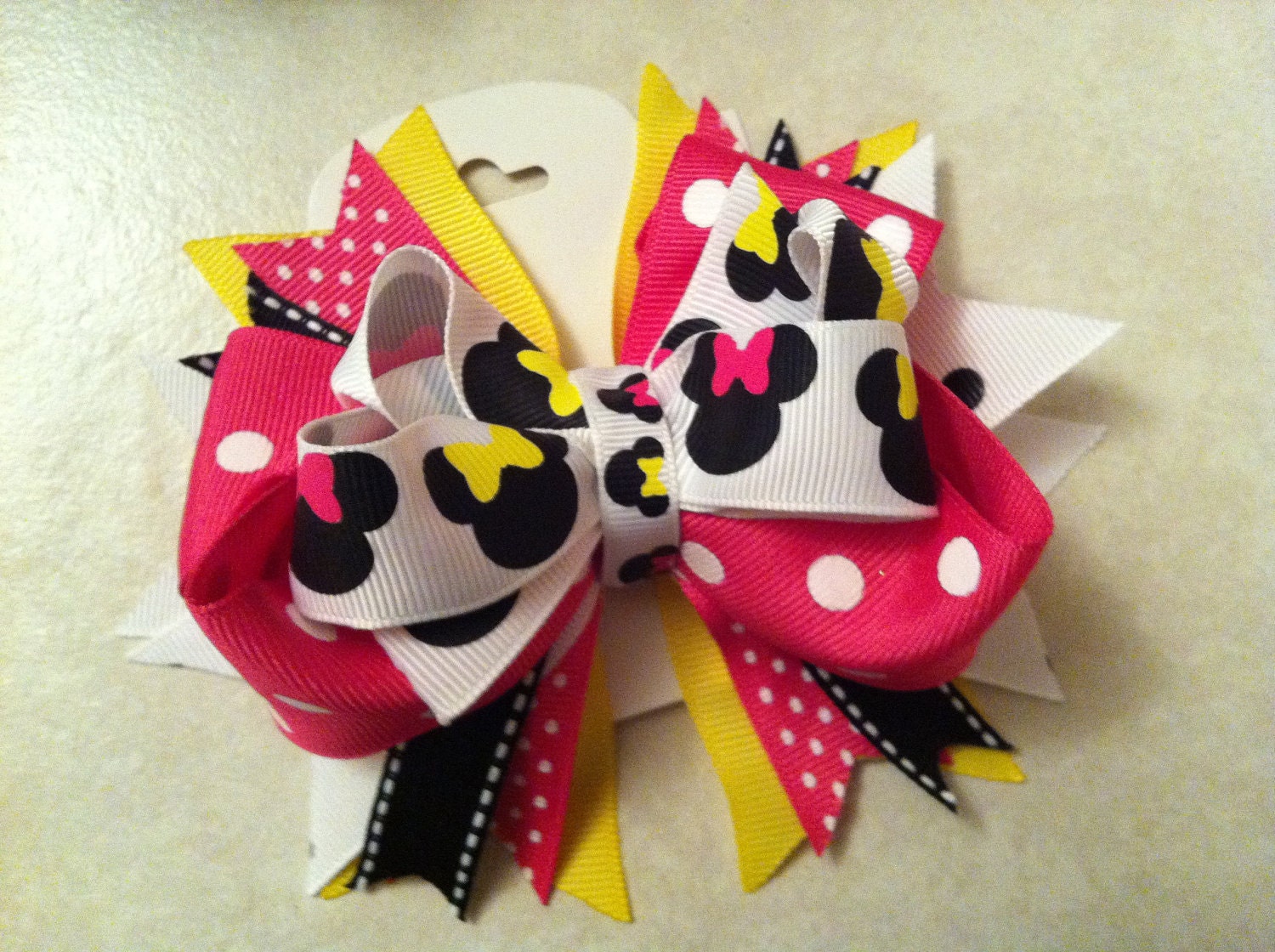 Minnie Mouse Bowtique Bow in Lots of Dots Hot Pink and Yellow