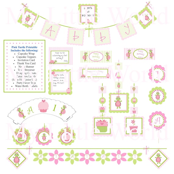 First Birthday Decoration with cute pink & green turtle, DIY PRINTABLE Il_570xn