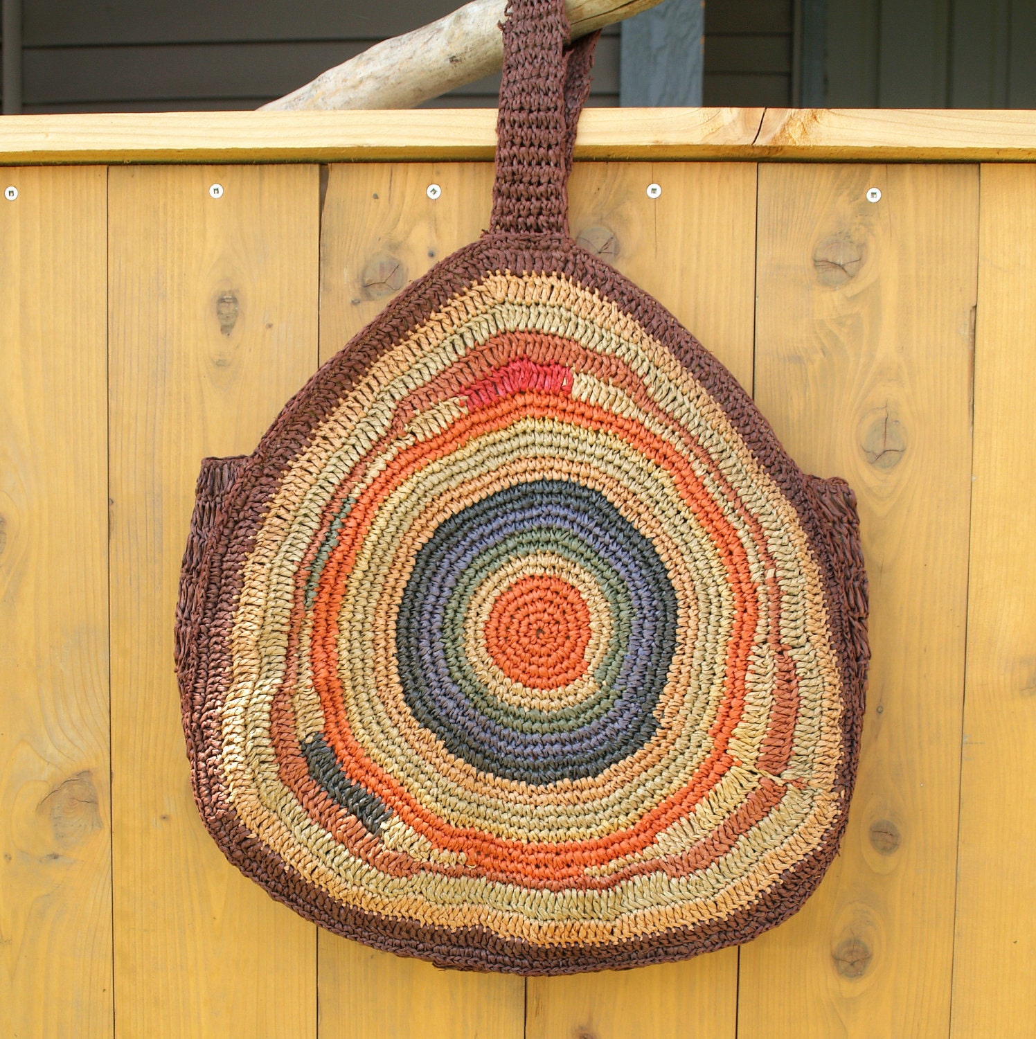 TRUE VINTAGE BOHO Beach Bag made in Japan // Sixties Eco Friendly Organic Brown Colorful Woven Handbag Tote Straw