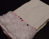 Baby Burp Cloth- Polka Dot Ribbon with White Minky Swirl  Fur