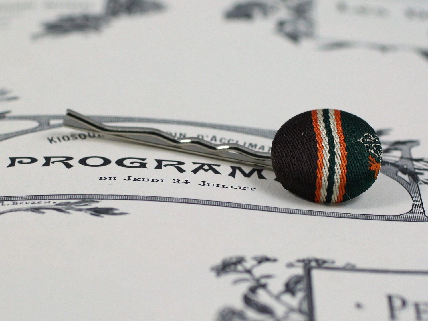 Handmade Bobby Pin with Green and Brown Fabric Button