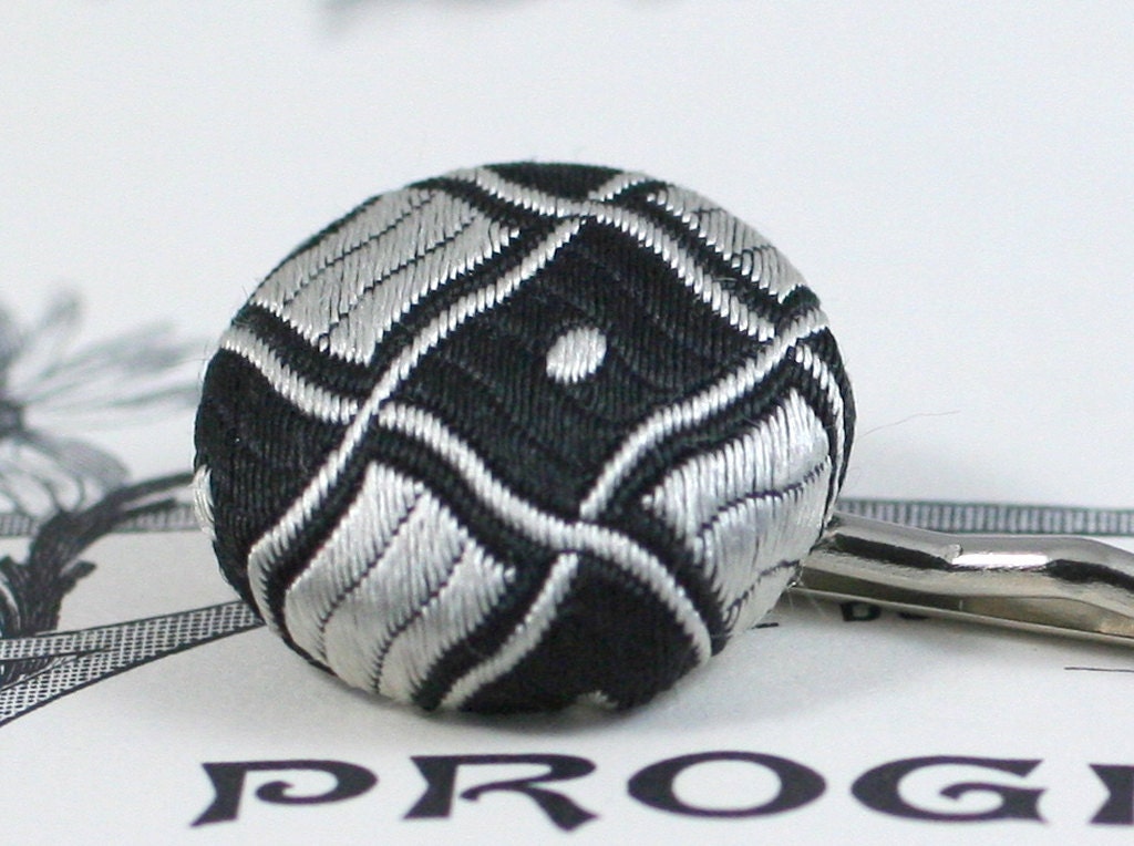 Handmade Bobby Pin with Black and White Tie Fabric Button