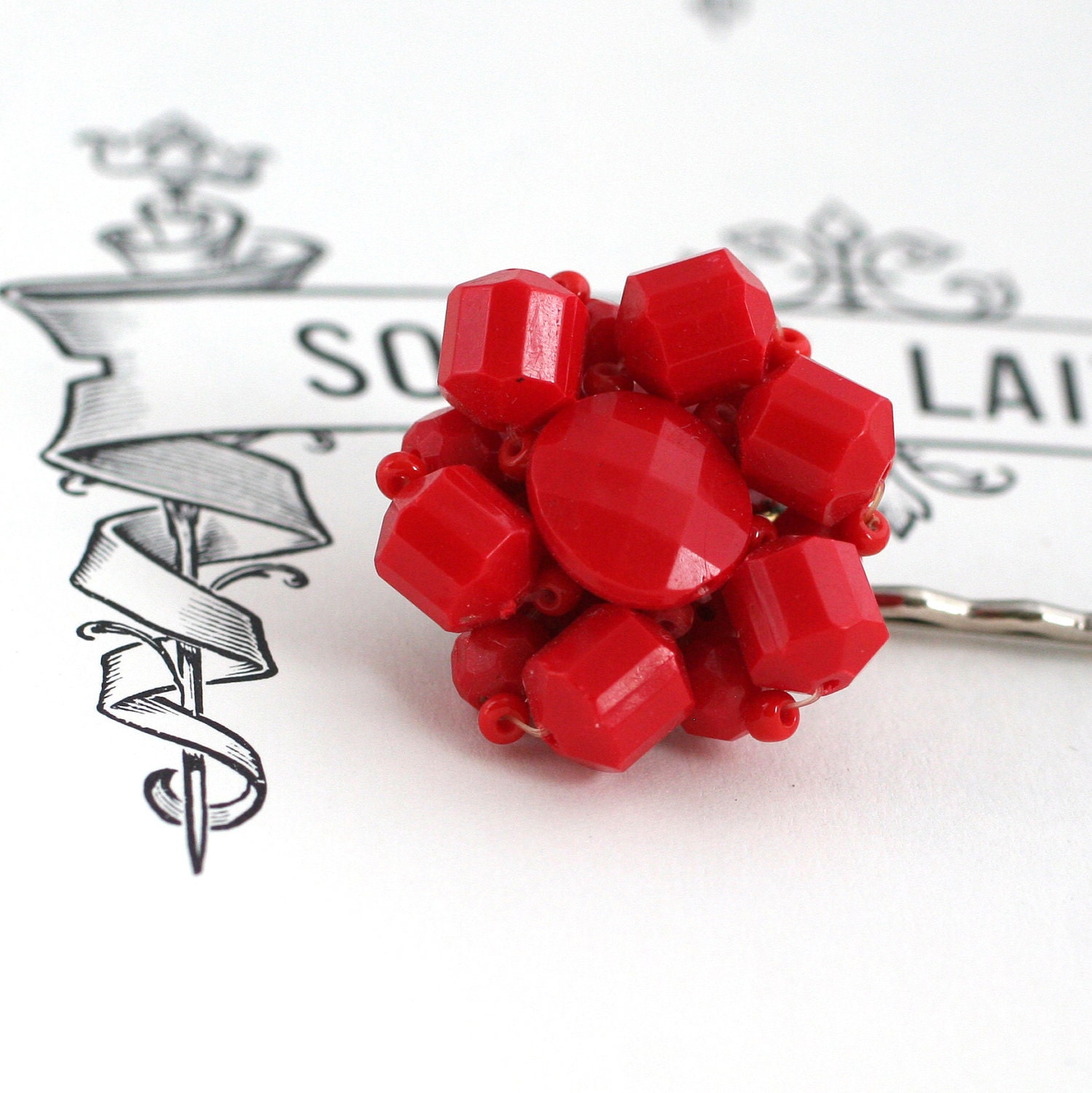 Red Beaded Hair Pin from Vintage Cluster Earring