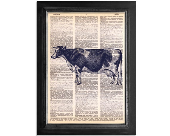 The Farm Cow printed on Recycled Vintage Dictionary Paper - 8x10.5