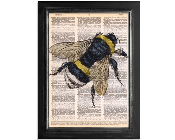 Bumble Bee printed on Recycled Vintage Dictionary Paper - 8x10.5