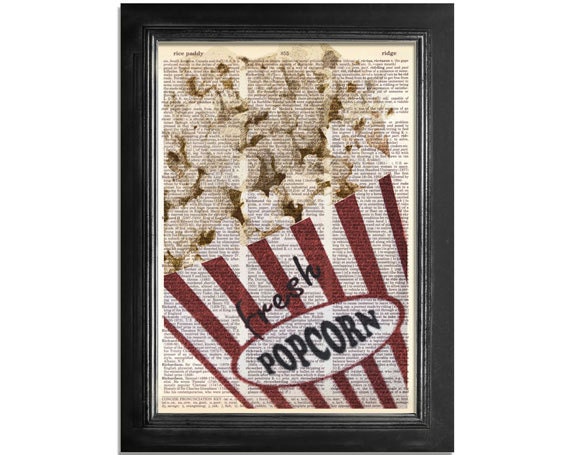 Fresh Popcorn at The Movies - printed on a Vintage Dictionary Paper - 8x10.5