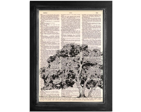 Old Oak Tree Silhouette - Printed on Vintage Dictionary Paper - 8x10.5 - Mixed Media Dictionary Art Print on dictionary book paper