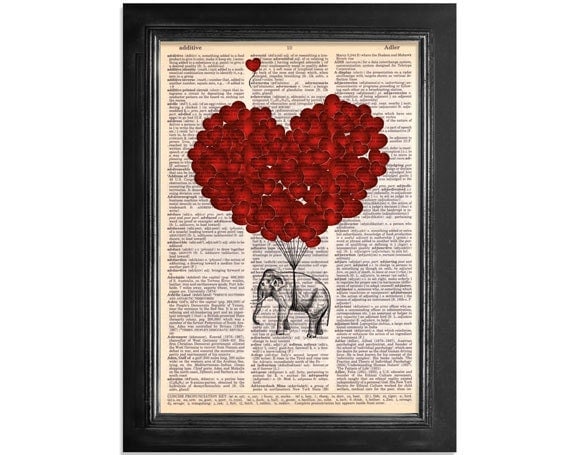 Elephants Fly with Love - printed on Recycled Vintage Dictionary Paper - 8x10.5 - Dictionary Art Print