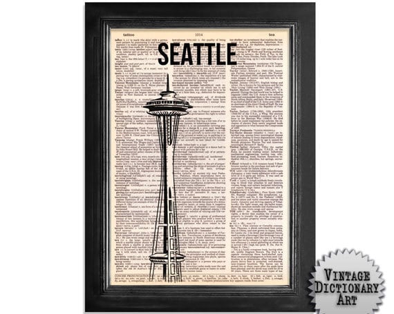 Seattle Space Needle Building - printed on Recycled Vintage Dictionary Paper - 8x10.5
