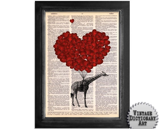 Giraffes Fly with Love - Orignal Art Printed on Recycled Vintage Dictionary Paper - 8x10.5