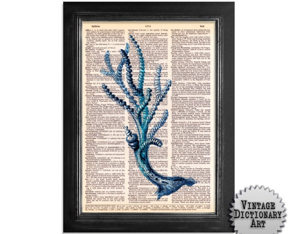 Reef Coral - Blue Sea Coral Series - Printed on Vintage Dictionary Paper - 8x10.5