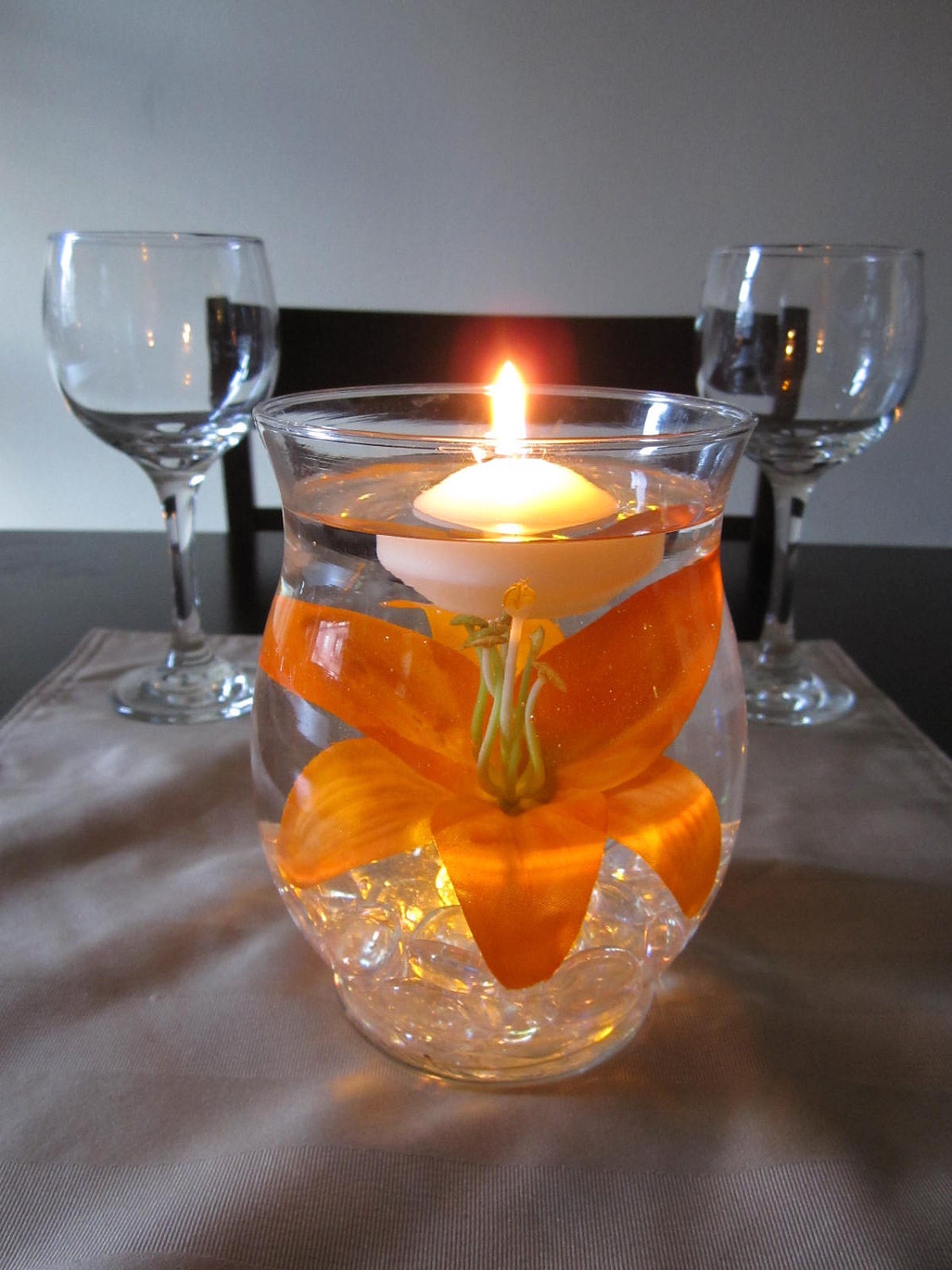 Hurricane Vase Floating Candle Centerpiece with Artificial Orange Lily and Amber LED Light