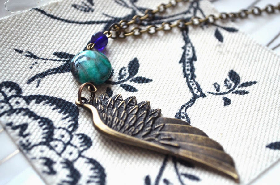 SALE. Bohemian Feather and Stone Angel Wing Necklace. Angel Wing Layering Necklace