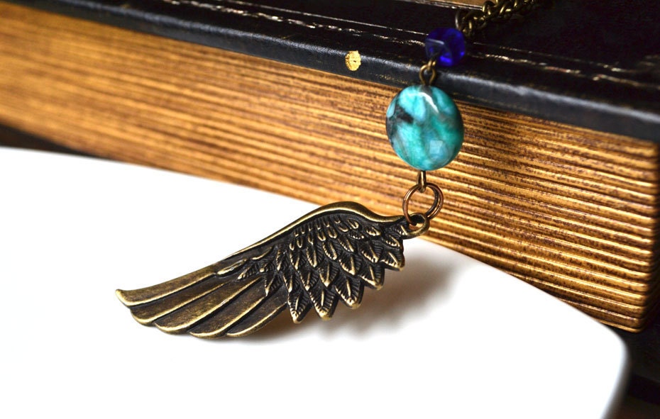 SALE. Bohemian Feather and Stone Angel Wing Necklace. Angel Wing Layering Necklace