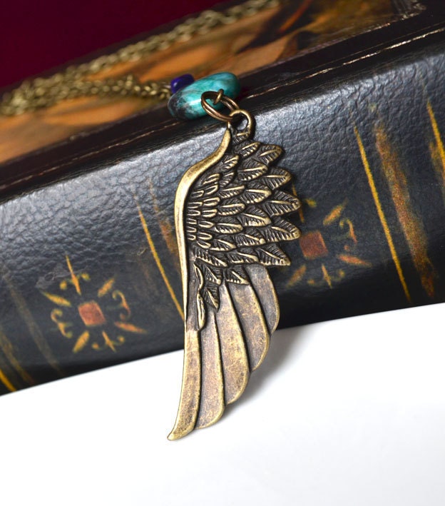 SALE. Bohemian Feather and Stone Angel Wing Necklace. Angel Wing Layering Necklace
