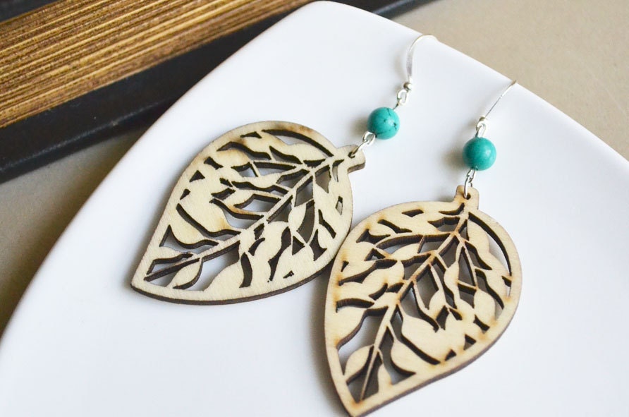 Cutout Wood Earrings. Bohemian Nature Inspired. Woodland Leaf Turquoise Bead. Wooden Jewelry.