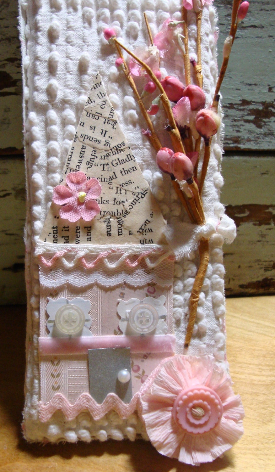 White Chenille and Pink Trim Shabby Chic Vintage Wall Hanging