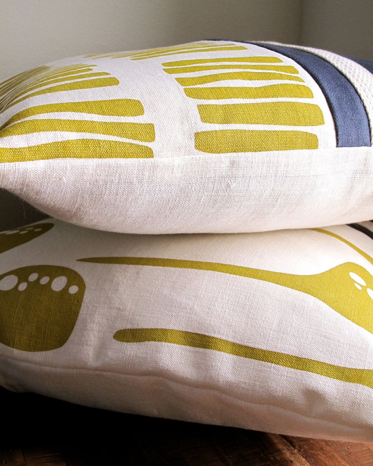 Navy and Yellow Eco Pillow Cover - hand printed