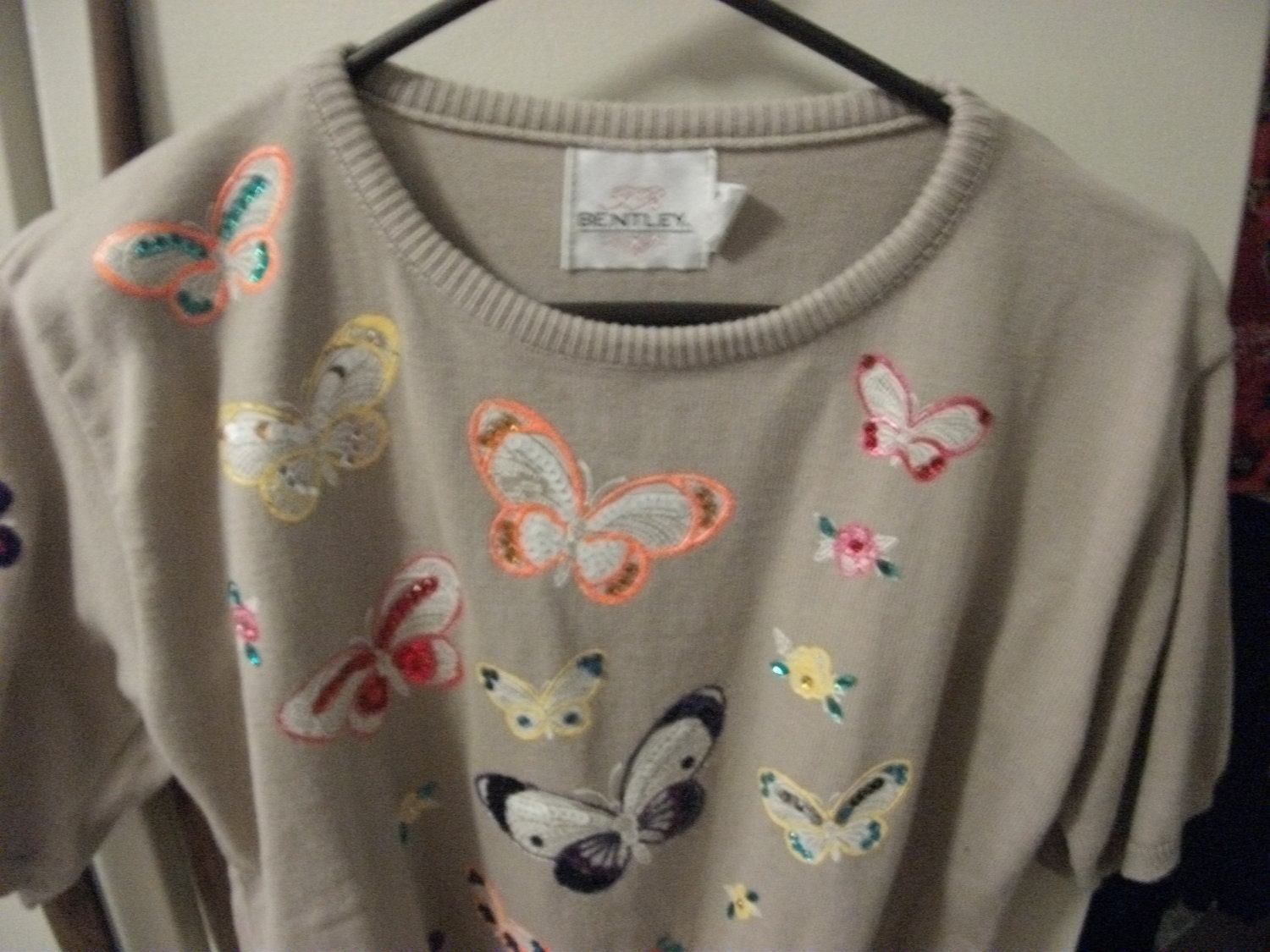 SALE 1/4 Off Vintage Tan Bentley Sweater with Colorful Crystal Trimmed Butterfly Appliques Size Large Now Only 6 USD