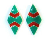 Vintage 80s Modern Geometric Chevron Stripe Earrings in Red & Turquoise Green