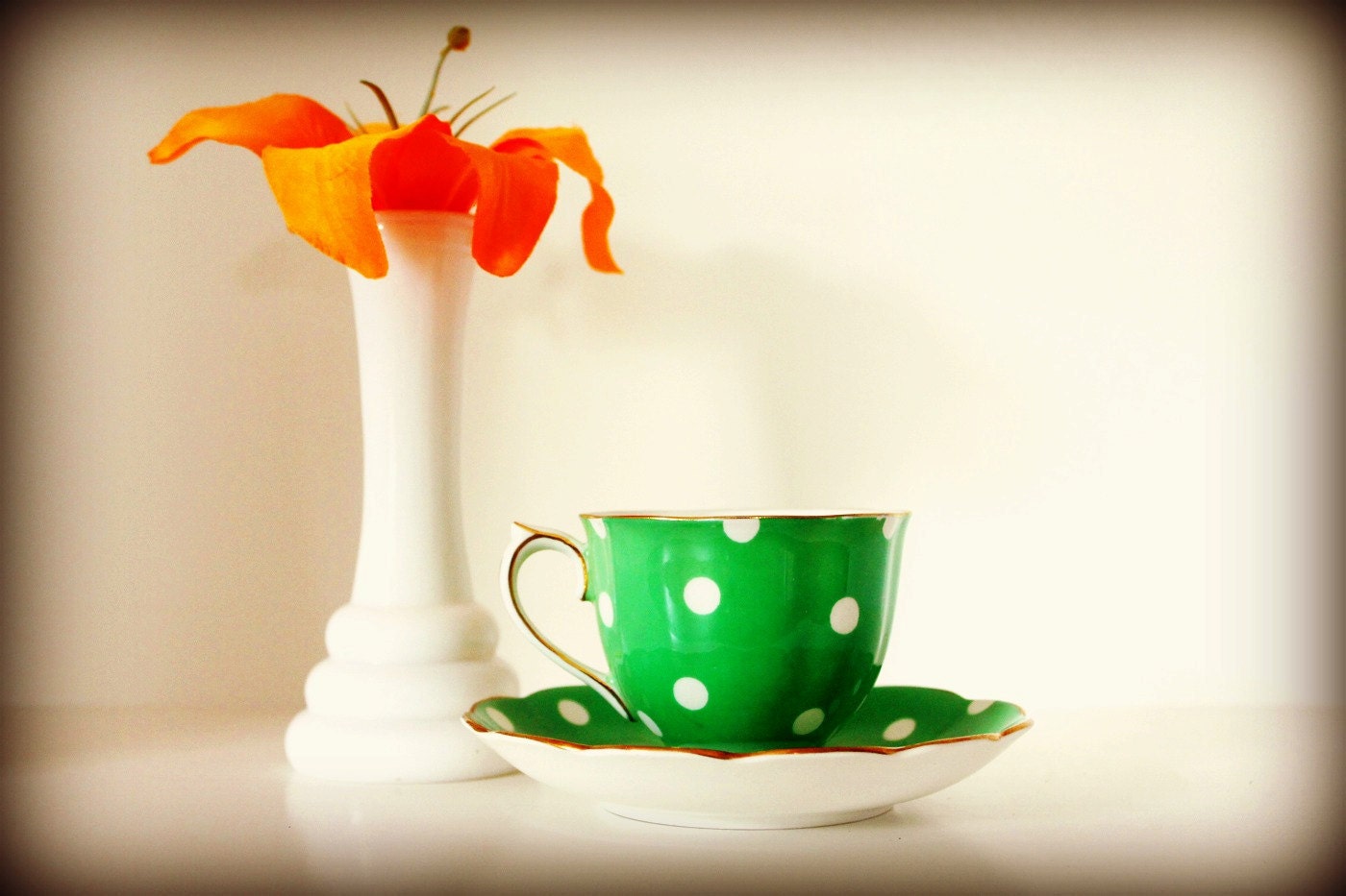 Vintage Royal Albert Teacup & Saucer Green Polka Dot Bone China with Gilt Rim