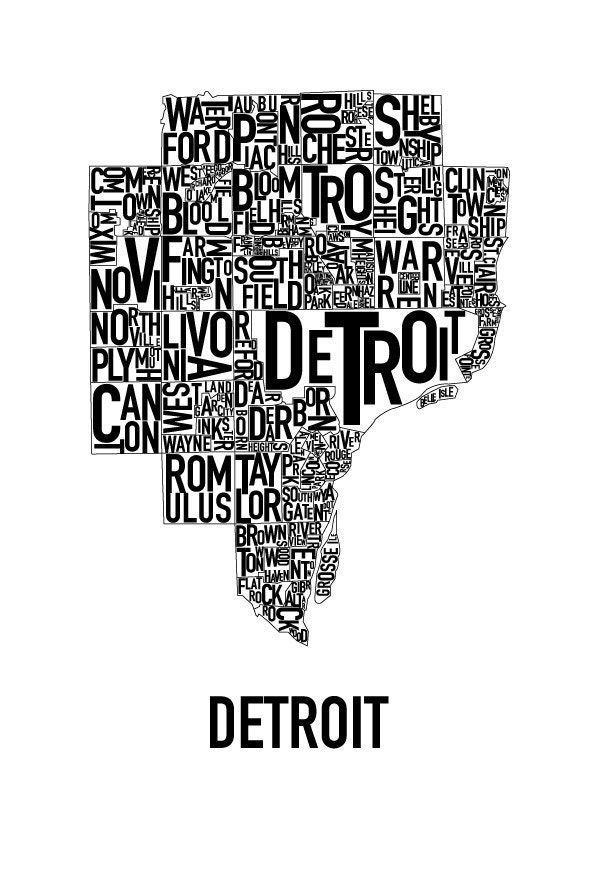 Detroit Typography Map Poster Black