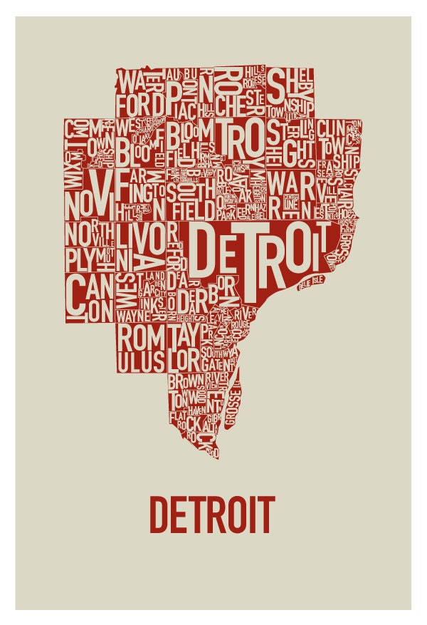 Detroit Typography Map Poster tan red