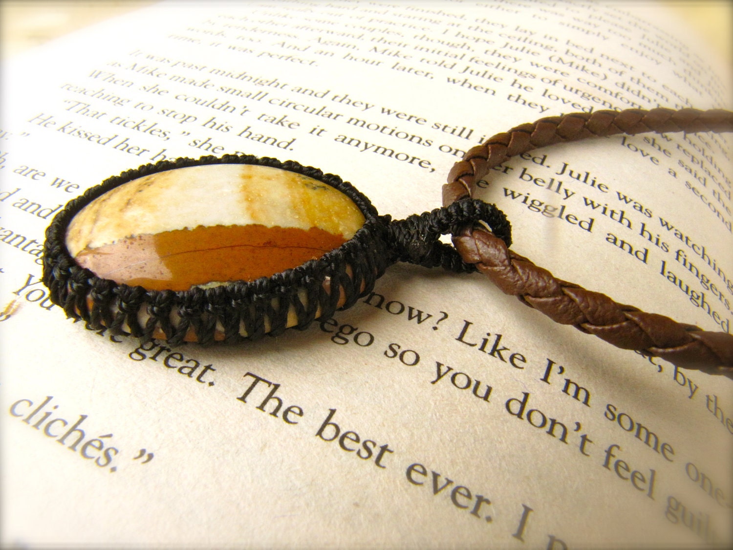 Picture Jasper Macrame Semi Precious Stone Pendant with FREE leather cord necklace (Stone for GROUNDING and HARMONIZING)