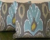 Pair of Ikat decorative pillow covers, spa teal blue, brown and grey, throw pillows
