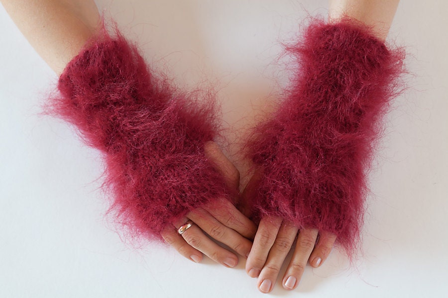 Burgundy mohair arm warmers fuzzy fluffy fingerless gloves mittens hand knitted wrist warmers cozy winter christmas gift warm hot cold snow