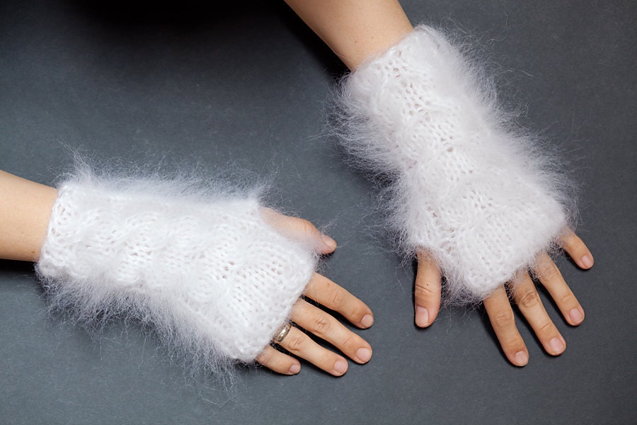 White mohair arm warmers fuzzy fluffy fingerless gloves mittens hand knitted wrist warmers cozy winter christmas gift warm hot snow