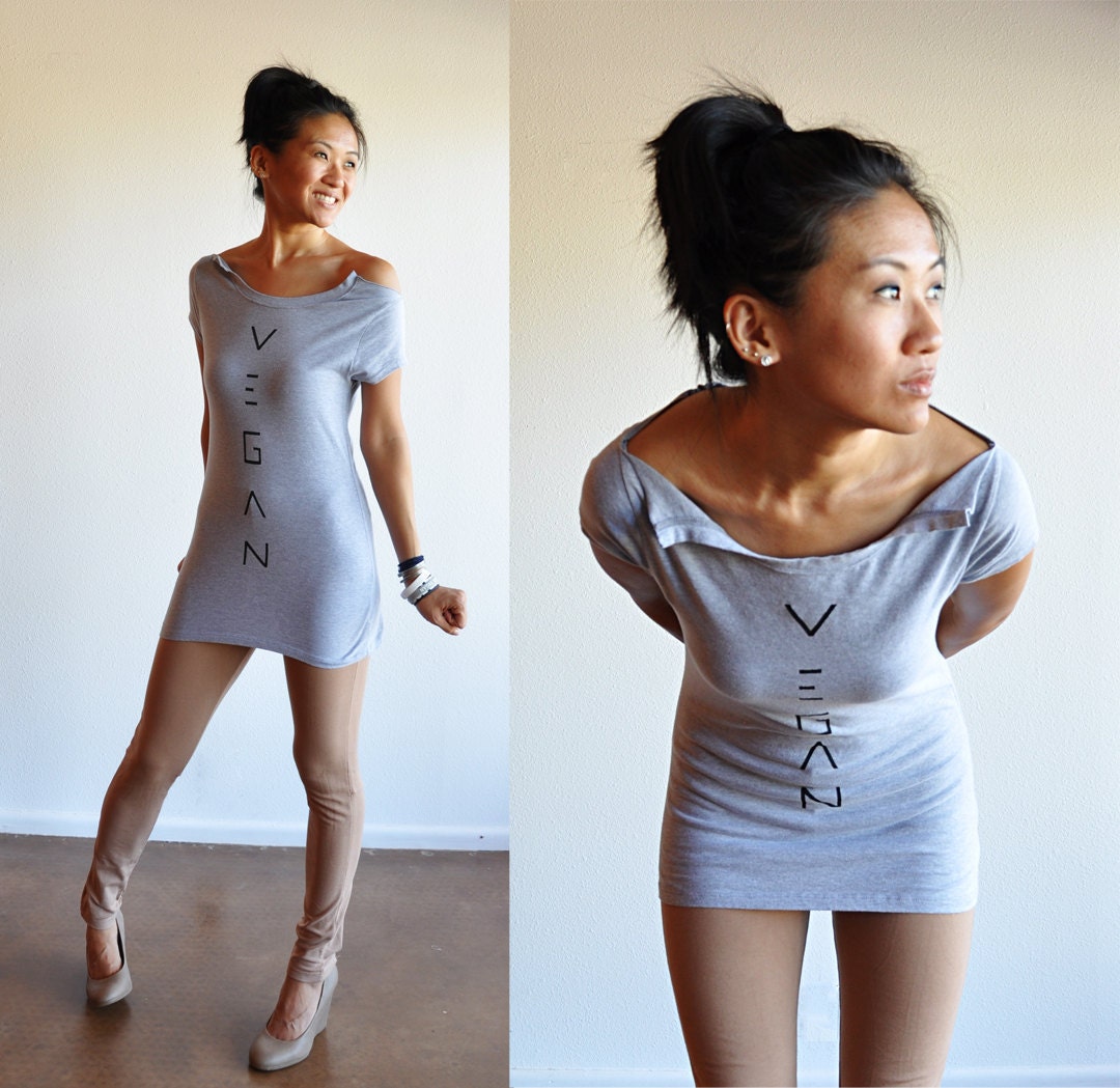 Vegan Clothing : Light grey open-neck long top (SIZE MEDIUM)