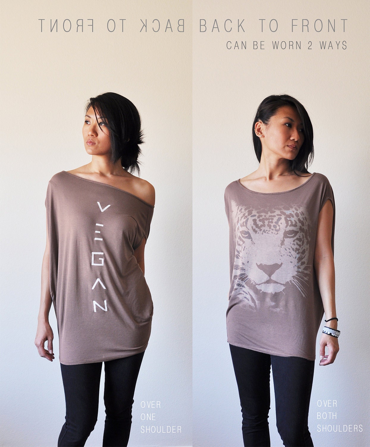 Vegan Clothing: Mocha Dolman w/ Cheetah Graphic (Size L / XL )