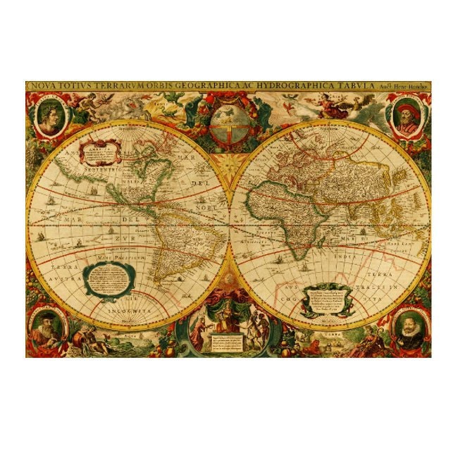 ANTIQUE WORLD MAP 6- Handmade Leather Wall Hanging - Travel Art