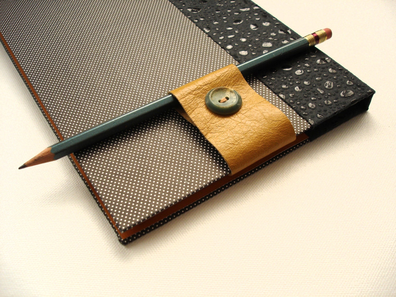 Mustard Yellow-Reclaimed Leather Bookmark-Pencil Holder-Handmade-Vintage Button-Reader-School