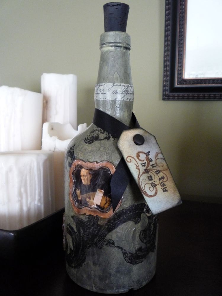 Painted Decorative Bottle - stamped decoupage - Magic Glimpse