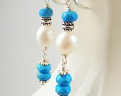 Turquoise Earrings Sleeping Beauty Turquoise Sterling Silver Pearl Bali Blue White Beaded Earrings Lever Back December Birthday Jewelry