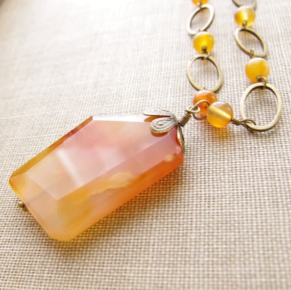 Carnelian Necklace Beaded Natural Stone Brass Bronze Long Necklace Golden Amber Ombre Gemstone Pendant, Artisan Handmade Jewelry