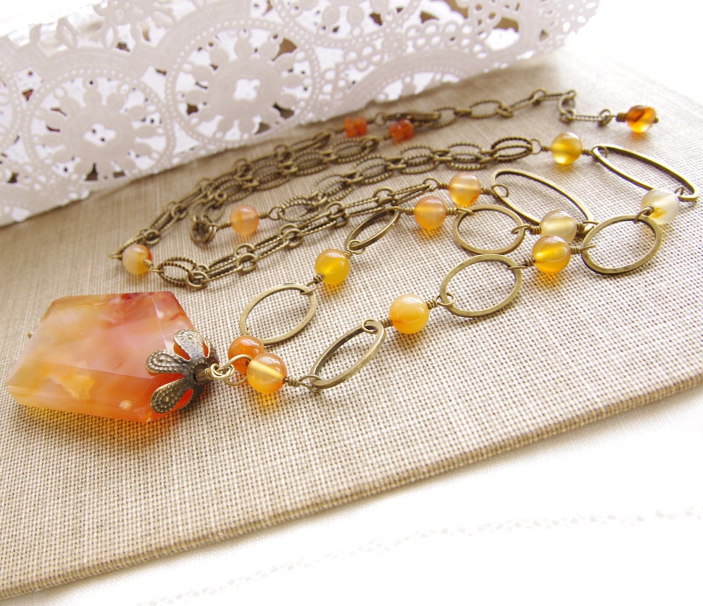 Carnelian Necklace Beaded Natural Stone Brass Bronze Long Necklace Golden Amber Ombre Gemstone Pendant, Artisan Handmade Jewelry